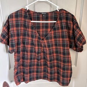Madewell Black and Orange Plaid V-Neck Blouse